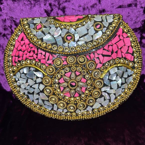 Ramla Handbags - Ramla Beverly Hills Mosaic Handmade Bag gold Pink Detachable Chain Strap- New